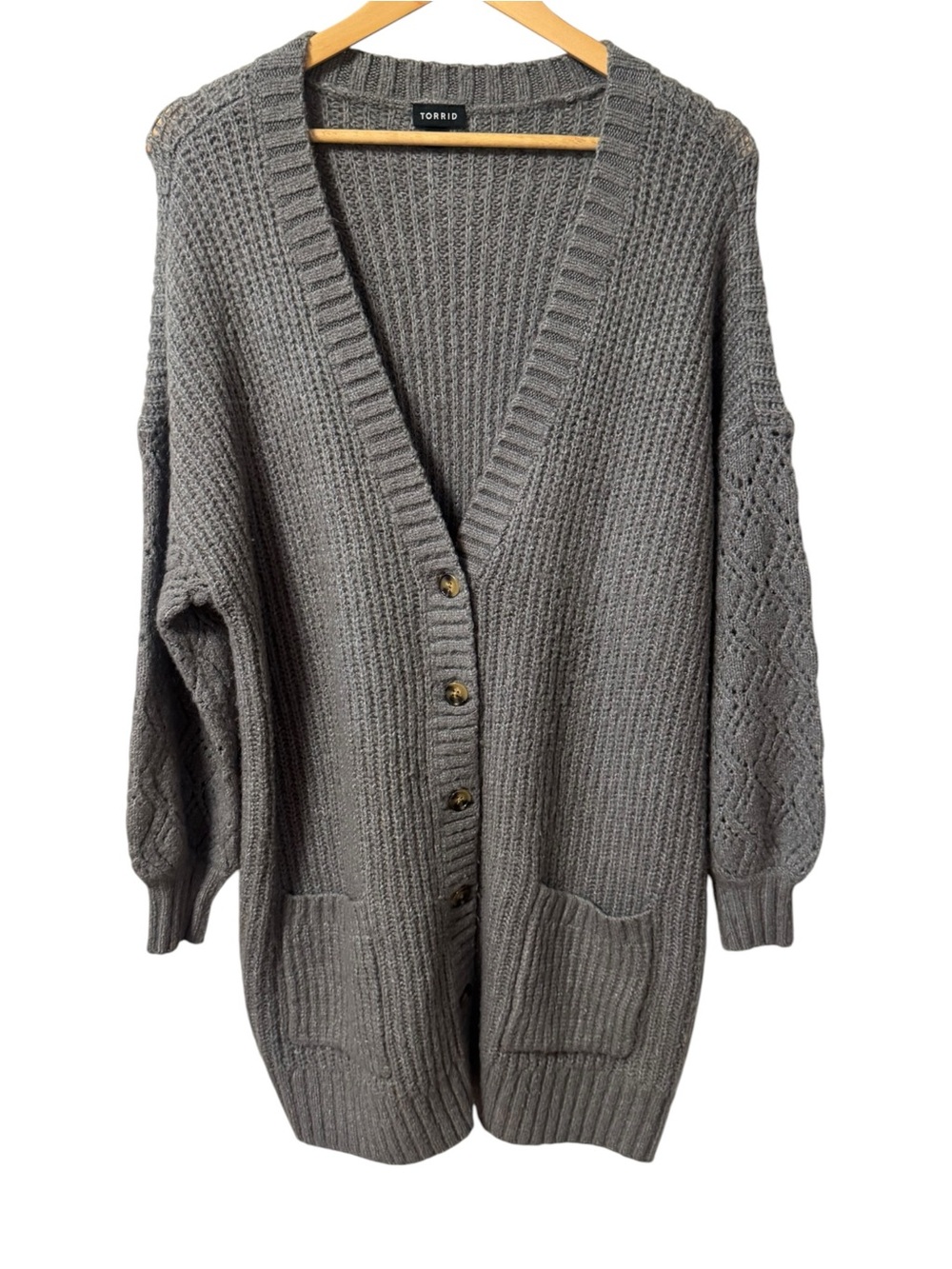 Torrid Boyfriend Cardigan Pointelle Sleeve Sweater Womens 1 14 16 1X Grey Long - Picture 6 of 10